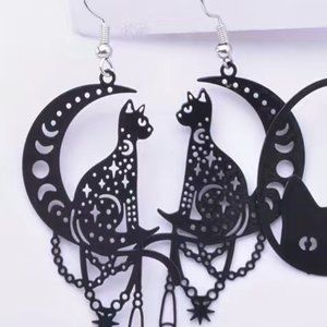 Black Cat Moon Stars Chain Earrings